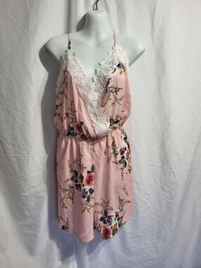 PatPat Pink Floral Lace-Trim  Romper, Size XL